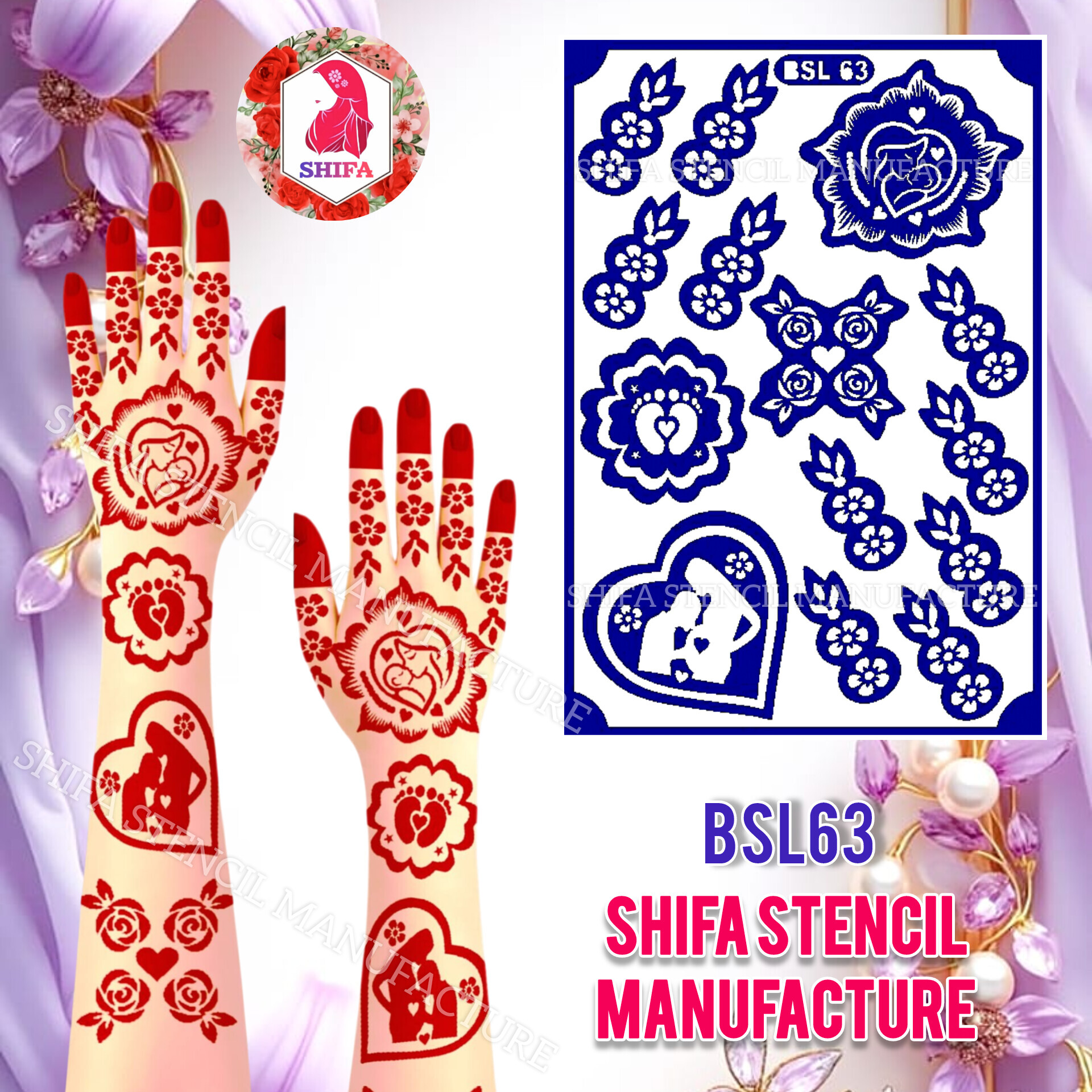 BSL 63 Mom & Baby a Tiny Footprint Themed Design Sticker Overview  Henna Stencil - Shifa Stencil